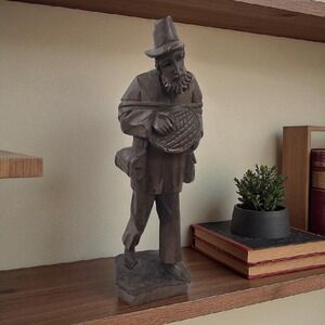 Vtg Hand Carved Wood Figurine Traveling Man Bowl In Hand & Bag Venezuela 12"